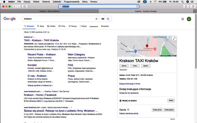 Jesteśmy na mapach Google Krakson TAXI Kraków